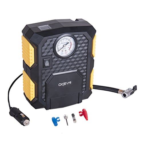 Okeyn 12 Volt DC 150PSI Mini Portable Air Compressor with 4 Piece Kit, Multi-Use Car Tire Pump, Stealth Design Tire Inflator for Cars, Motorcycles,Bicylces,Balls (Black)