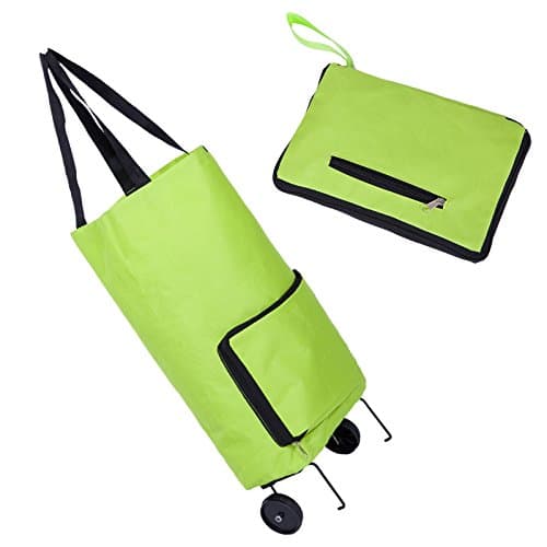 Collapsible Foldable Rolling Shopping Bag on Wheels, Reusable Folding Shopping Cart Trolley Bag with Wheel , (Green)