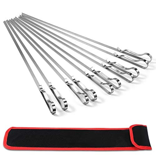 MVZAWINO Premium Kabob Skewers, 10 Pack 17" Stainless Steel Grilling Skewers, Flat Metal Barbecue BBQ Skewers for Grilling, Wide Reusable Shish Kebab Skewers BBQ Sticks w/Handy Storage Bag