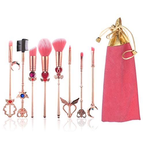 YINUO 8 Pcs Sailor Moon Sakura Makeup Brush Set with Pink Bag,Rose Gold Alloy Handle Foundation Powder Flat Eyeline Blush Brushes Set for Women Girls Birthday Gift(Sailor Moon-2-Rose Gold)