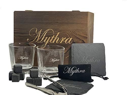 Whiskey glass set and Whiskey stones gift set 💝 8 granite soap stone, 2 stone coasters, 1 Scotch rock tongs, 1 velvet bag 💝 Perfect fathers day gift Christmas holiday gift Wedding gifts 💝 By Mythra