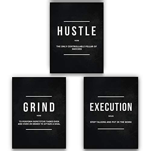 3 Pieces Grind Verb Hustle Verb Execution Noun Motivational Wall Art Canvas Print, Office Decor, Inspiring Framed Prints, Inspirational Quotes for Wall Art Decoration (3x - 24" x 18")
