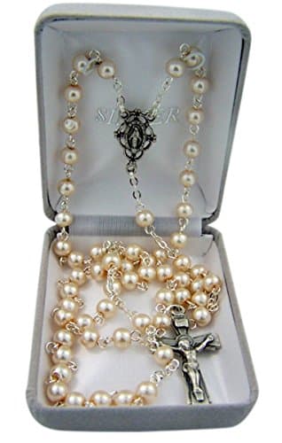 Catholic White Glass Prayer Bead Rosary Necklace with Miraculous Medal Centerpiece, 23 Inch