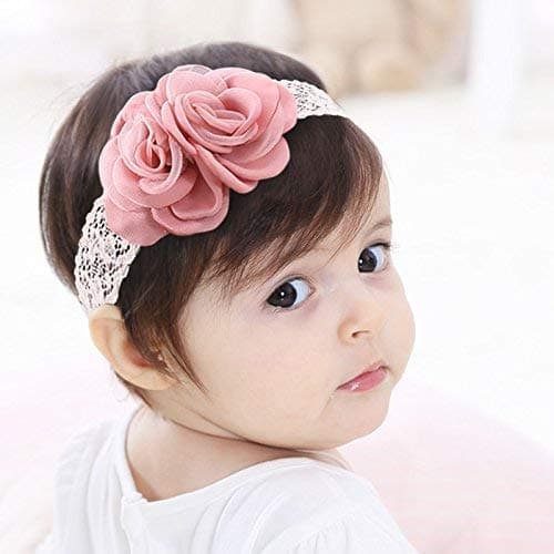 Kercisbeauty Halloween Handmade Baby Girls Pink Headwear Chiffon Flower Headband Elastic Lace Adjustable Head piece Wreath for Toddler Photography