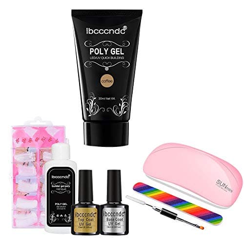 Ibcccndc Poly Nail Gel Kit Enhancement System Professional Poly Builder All-in-One Extension 8 PCS Gel Nail Set with Top and Base Gel, polygel slip solution and Nail Dryer Curing Lamp (coffee)