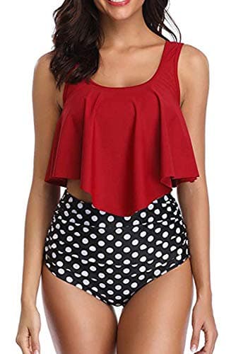 AdisputentWomen High Waisted Bikini Swimsuit Plus Size Flounce Top Vintage Tummy Control Bottom Two Piece Tankini Bathing Suits