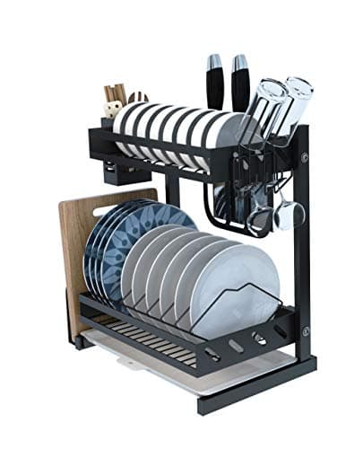 PrettyProducts 2 Tier Professional Dish Drying Rack - Fully Customizable - Glass Holder Included - Utensil Holder - Drying Rack Dishes - Modern Design - Large Capacity - Escurridor De Platos Black