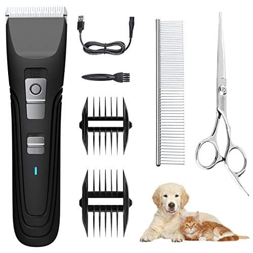 Dog Grooming Clippers Low Noise Dog Hair Clippers Cordless Rechargeable Dog Hair Trimmer Pet Grooming Kit with 4 Length Guard Combs + Pro Accessories Silent Electric Hair Clipper for Animal- Black