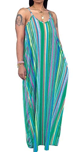 Women's Sexy Plus Size Summer Maxi Dresses Spaghetti Strap Bohemian Long Sundress with Pockets Green