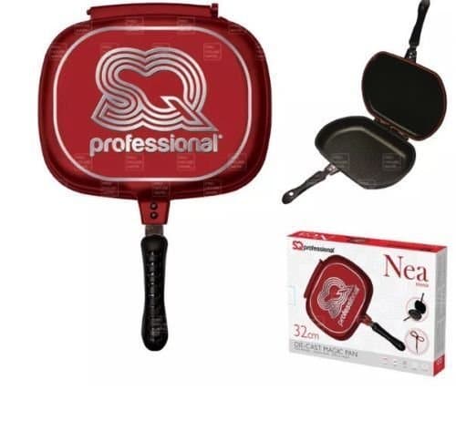 Red Die-Cast Double Sided Grill Frying Pan Magic Foldable Flipping Griddle Side 32cm