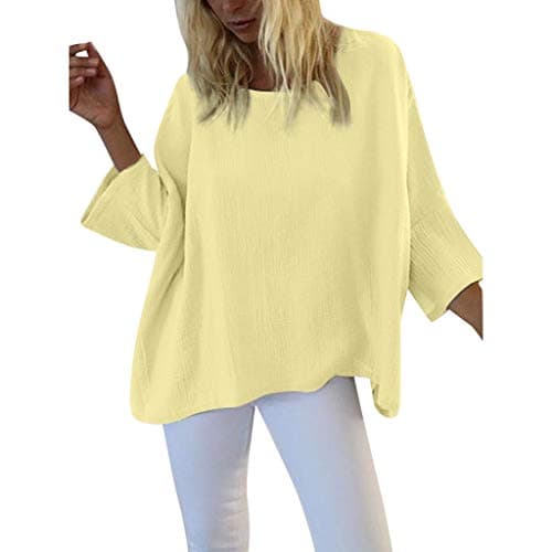 Aniywn Plus Size Casual 3/4 Sleeve Tops, Women Round Neck Pure Color Casual Tunic T-Shirt Summer Blouse Yellow