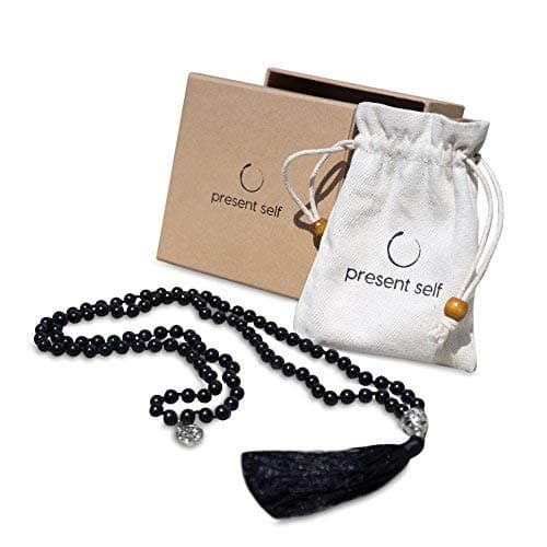 Present Self Japa Mala Beads Long Necklace - Black Obsidian Tassel Necklace - Buddha Necklace - Meditation Beads - Tibetan Prayer Beads