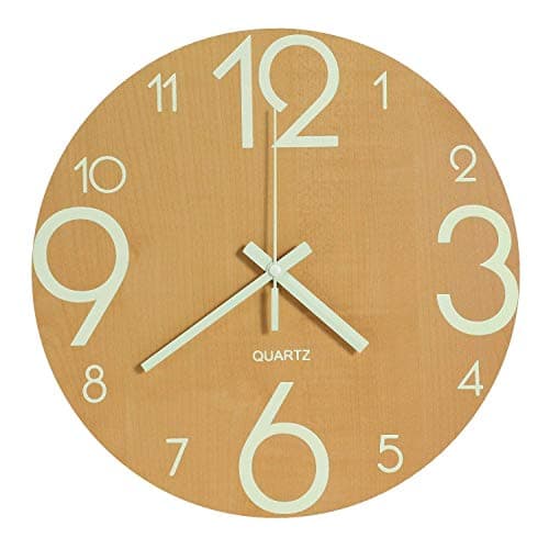 Genbaly Luminous Wall Clock, 12 Inch Wooden Silent Non-Ticking Kitchen Wall Clocks with Night Lights for Indoor/Outdoor Living Room Bedroom Decor Battery Operated (Walnut Color)
