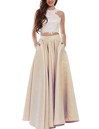 TrendProm Two Pieces Satin Floor Length Long Prom Dresses Size 8 US Champagne