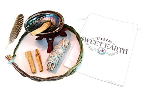 Smudging Clearing House Blessing Kit, Bundle includes Abalone Shell and Stand, White Sage, Sweetgrass rope, Palo Santo sticks, Turkey Feather, and Carrying Bag