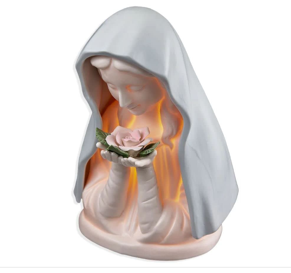 VILLAGE GIFT IMPORTERS Blue Madonna with Rose Night Light | Small Catholic Table Lamp | Blessed Mother in Blue Veil Holding a Pink Rose | Emits Soothing Warm Light | Catholic Home Decoration