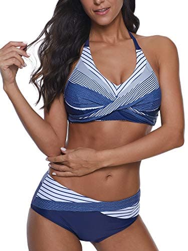 Womens Polka Dot Print Bikini Set Halter Neck Swimwear Twist Front 2 Piece Swimsuit