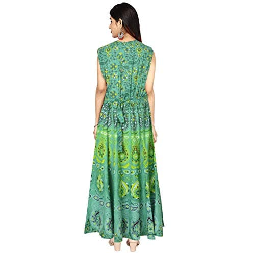 Indian 100% Cotton Vintage Block Print Long Mandala Dress for Women Green, XX-Large
