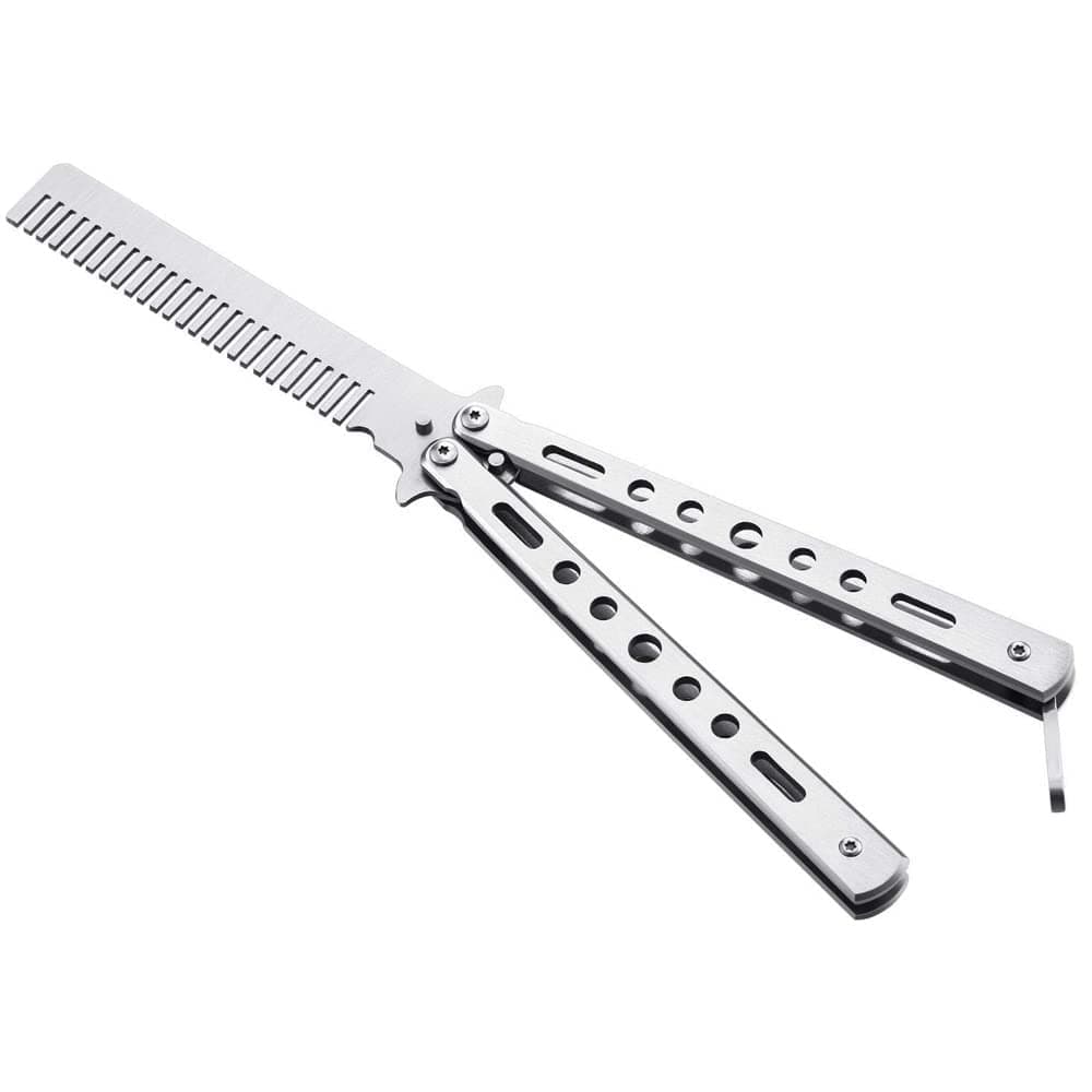 Butterfly Comb Stainless Steel Folding Training Practice Comb Hair Styling Tools Balisong Comb Metal Comb for Professional Hair Salon Training Exercises & Beginner (Silver)