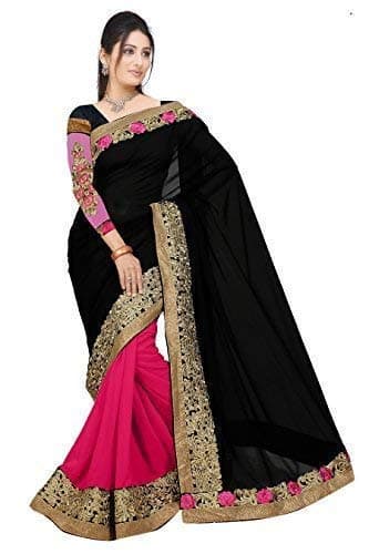 SORU FASHION Women's Kanchipuram Georgette Saree with Un-Stitched Blouse Piece (Cs_230_Pink & Black)