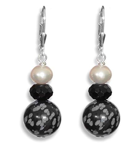 ERCE Onyx Snowflake Obsidian Freshwater Pearls Earrings Gemstone 925 Sterling Silver
