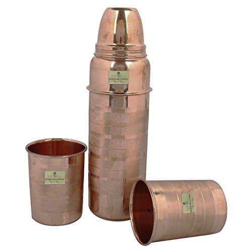 Best Quality CwC Luxury Design Pure Copper Yoga Water Bottle or Thermos Flask 34oz Capacity with 99.5% Purity- Handmade,Joint Free & Leak Proof for Ayurvedic Health Benefits,Sports,Gym,Yoga & Travel