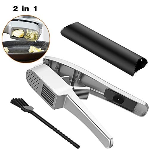 Garlic Press, 2 in 1 Garlic Mince and Garlic Slice with Garlic Cleaner Brush and Silicone Tube Peeler Set- Aluminum Alloy Garlic Crusher and Slicer- Durable and Easy to Clean