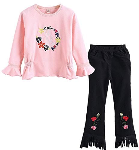 Baby Girls Toddler Kids Rose Sweatshirt Leggings Pants 2PCS Outfits Set(Rose W Pink Flowers,140)