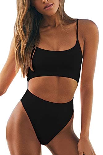 Womens Spaghetti Strap Lace Up Cutout High Waisted Thong One Piece Swimsuit