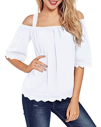 LEANI Women's Cold Shoulder Lace Trim Loose Blouse Top Summer Solid Color Spaghetti Strap Shirt White