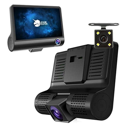 Rafer R-J300 3Lens Dash Cam 6-layer Glass 170° +Rear Camera 140° +Cabin Camera 120° Wide Angle lens Parking monitor dash cam with Night Vision 720P HD Video G-Sensor Motion Detection 4.0inch IPS