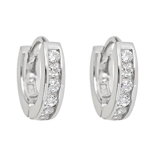 .925 Sterling Silver Huggy Huggies Shiny Earrings Hoops WITH CUBIC ZIRCONIA 14K GOLD PLATED