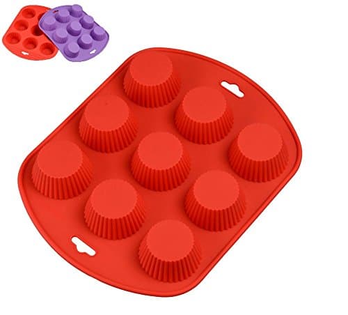 Nice Cook - Muffin Tin and cupakes (9 Cavities) Silicone "Platinum" Non-Stick with Wooden Handle red