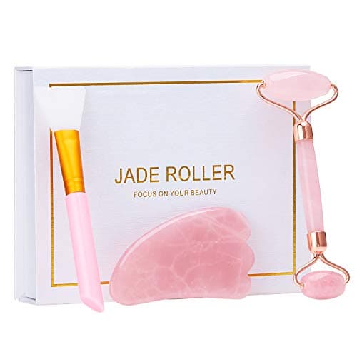 Jade Roller & Gua Sha Tools Set for Face 100% Jade Stone Rose Quartz Face Roller Anti-aging, Reduce Wrinkles, Puffiness, and Fine Lines, Natural, Durable, with Mask Brush
