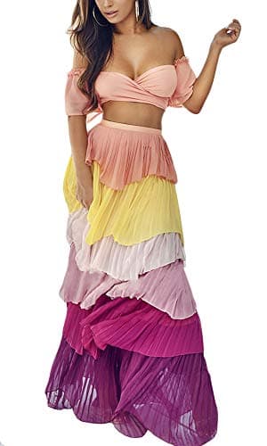 Cosygal Women's Ruffle Tiered Pleated Chiffon Crop Top Maxi Skirt Set Two Piece Outfit Dress Orange Large
