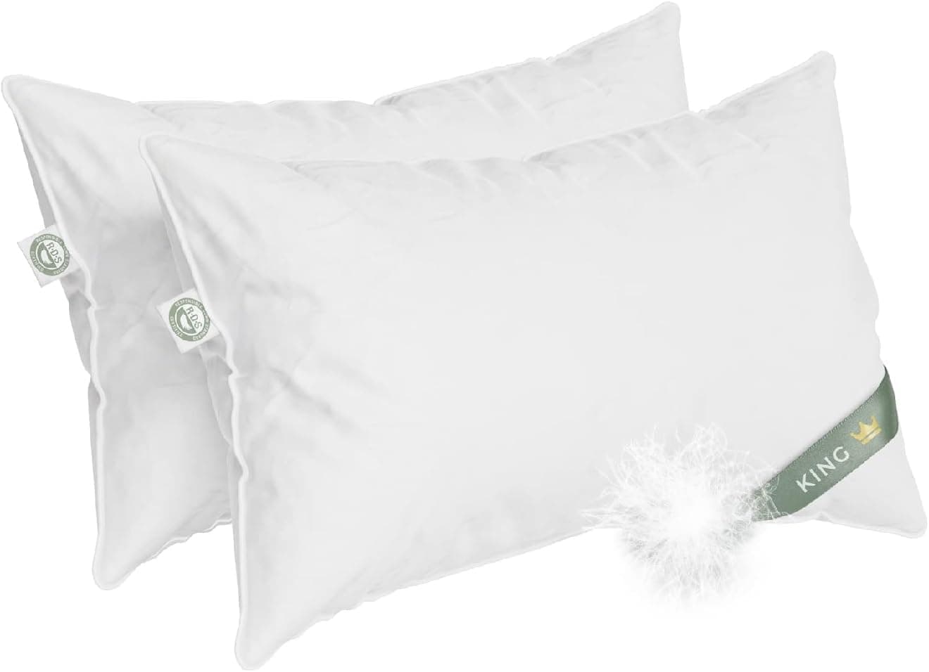East Coast Bedding European 800FP Goose Down Sleeping Bed Pillow, King (Pack of 2), White