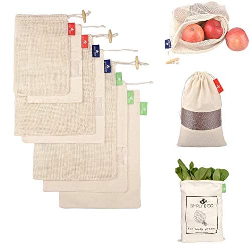 SIMPLY ECO 7 reusable natural cotton produce bags with drawstring. Mesh bags for fruits and veggies, muslin bags with see through window for bulk food storage. Zero waste mesh eco bags