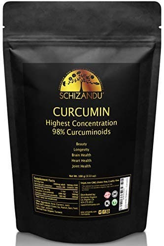 Schizandu OrganicsCurcumin Highest Strength 98% Concentration Extract from Turmeric, 100 gm Pure Antioxidant Supplement for Joints, Inflammation, Immunity and Gut Health, Vegan
