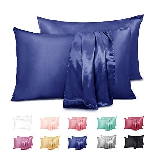 Duerer 2 Pack Silky Satin Pillowcases for Hair and Skin Standard/Queen/King Size Pillow Case with Envelope Closure (20"x26", Navy Blue)