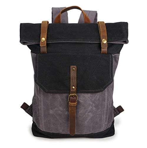 VICROAD Vintage Canvas Backpack, Leather Travel Bag for Hiking, Camping, Waxed Laptop Daypack Bag (Black)