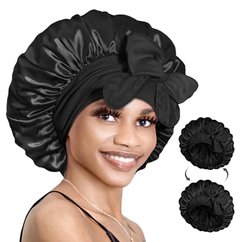 BONNET QUEEN Reversible Silk Satin Sleeping Bonnet Double Layer Adjustable Bonnets Curly Braids Wig Natural Hair Wrap Night Hat Cap Band Shower M Black