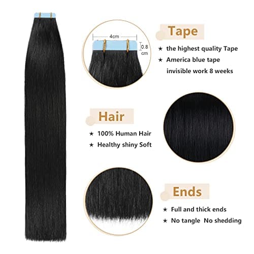 YILITE Tape in Hair Extensions Human Hair 12inch #1 Jet Black Seamless Silky Straight Tape in Human Hair Extensions 20pcs 40g