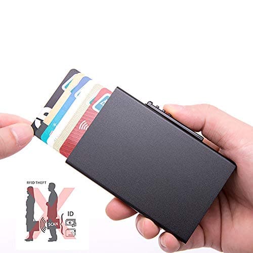 RFID Blocking Credit Card Holder, Jhua Card Holders Wallet Pop-up Card Protector Aluminum Slim Holder Case Up to 5 Cards for Women Men Traveling and Business (Black)
