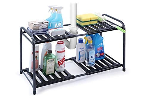 WILSHINE Under Sink Organizer Storage Bathroom Kitchen 2 Tier Expandable Under Sink Shelf, Black/Dark Grey