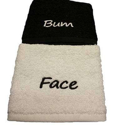 Bum and Face Embroidered Face Cloths (Grey & White)