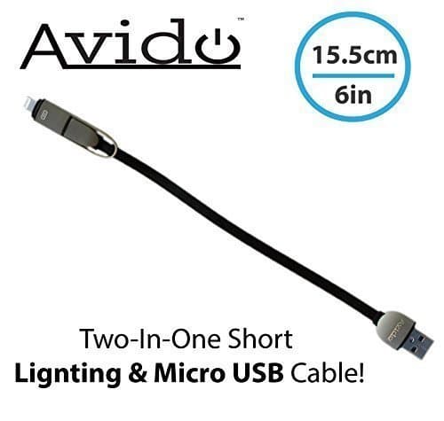 Avido Short & Flexible (6" Length) Two-in-One Lightning & Micro USB Charge/Data Sync Tangle Free Cable Compatible with iPhone and All Micro-USB Devices. Perfect for Power Banks - Black/Gray