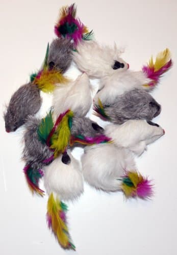 Pack of 12 RATTLING Feather Tail Fur Cat Toy Mice