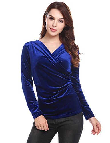 ThinIce Women's Deep V Neck Wrap Tops Velvet Fitted Long Sleeve Drape Blouse Blue Medium