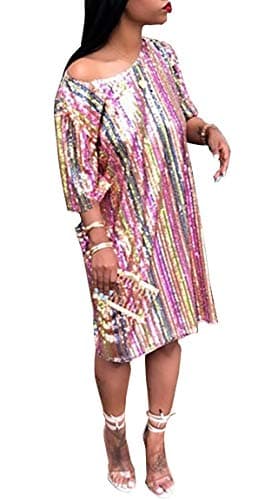 HuiSiFang Women's Sparkle Sequin Long Tee Shirts Short Sleeve Striped T Shirt Dress Clubwear