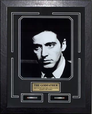 The Godfather Movie Memorabilia Al Pacino as Don Michael Corleone Framed Movie Photo, Plate, Bullets Custom Made Real Wood Modern Charcoal Frame (13 x 17)